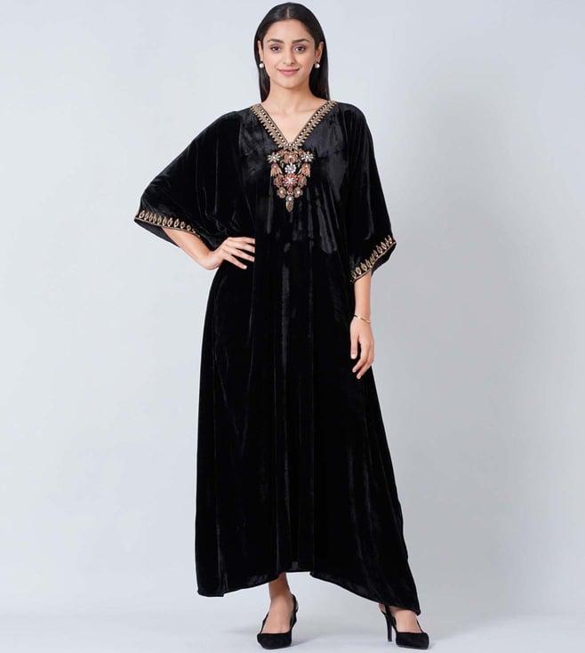 first resort by ramola bachchan black gold embroidered silk velvet full length kaftan