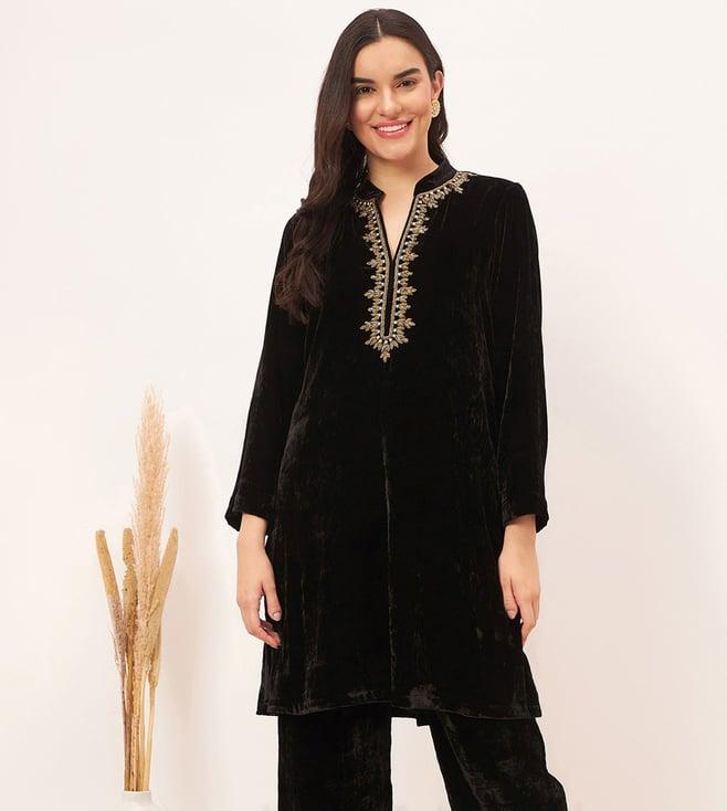 first resort by ramola bachchan black hand embroidered silk velvet kurta