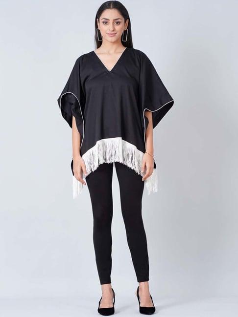 first resort by ramola bachchan black kaftan top with white fringe