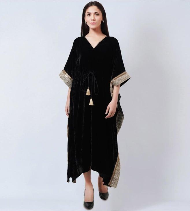 first resort by ramola bachchan black silk velvet mid length kaftan with gold lace detail