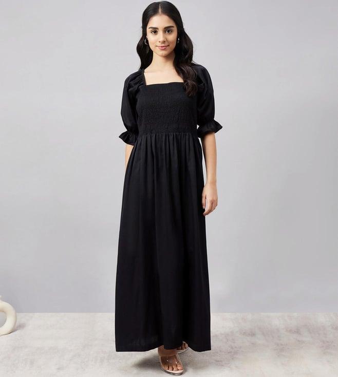 first resort by ramola bachchan black smocked maxi dress