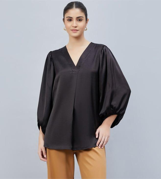 first resort by ramola bachchan black v-neck embellished satin shirt