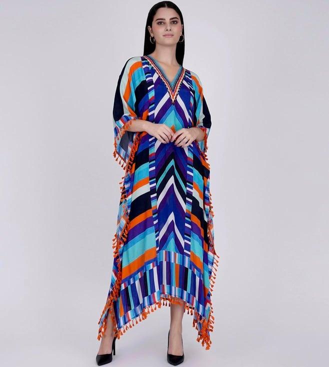 first resort by ramola bachchan blue and orange striped mid length kaftan