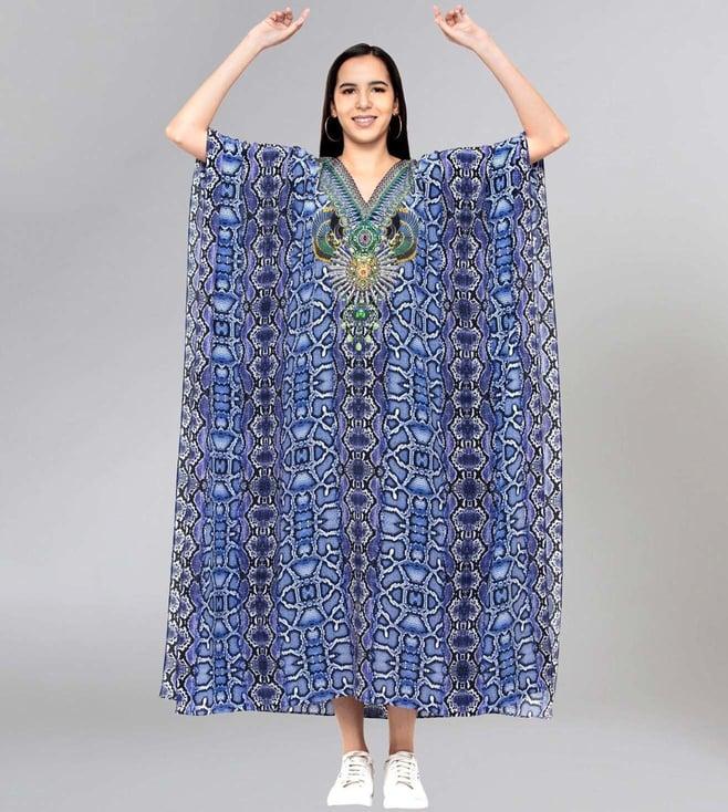 first resort by ramola bachchan blue animal print embellished silk full length kaftan