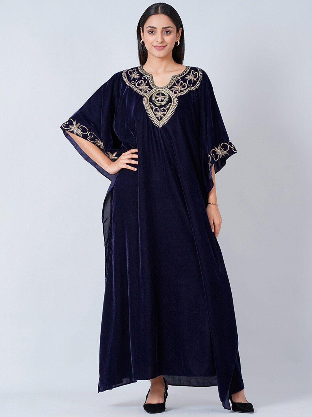 first resort by ramola bachchan blue embellished cape sleeve velvet maxi dress