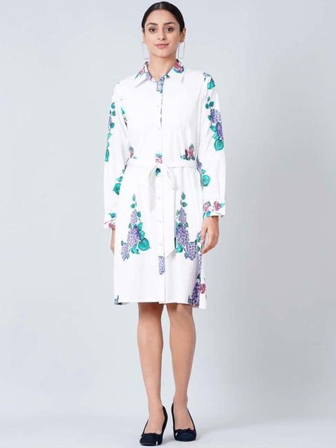 first resort by ramola bachchan blue embellished floral shirt dress