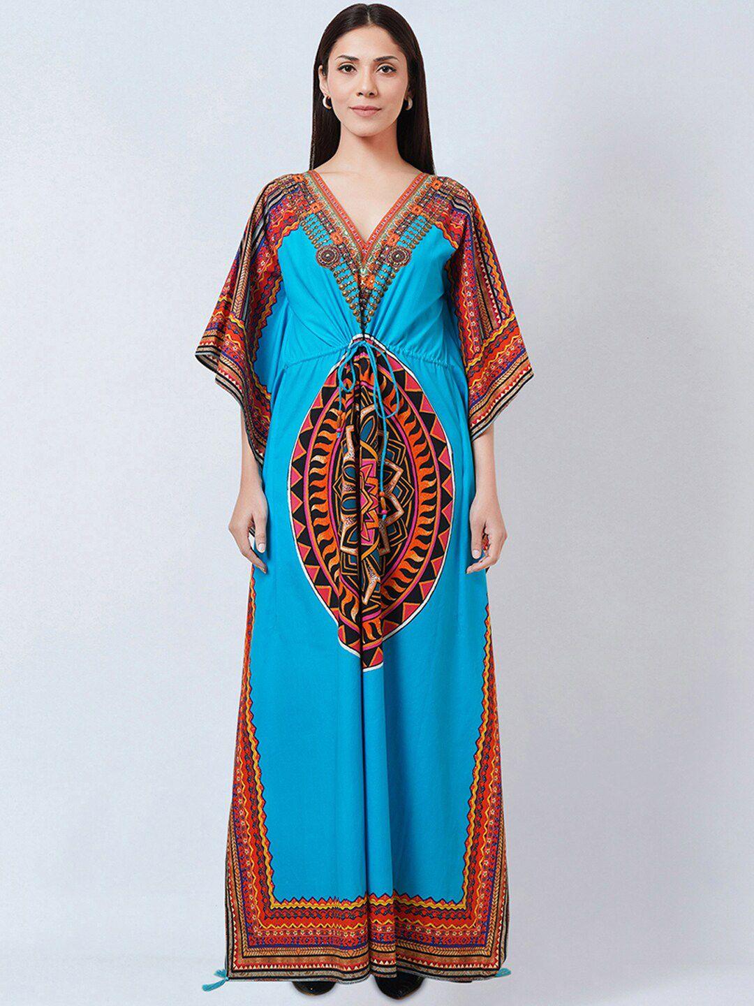 first resort by ramola bachchan blue ethnic motifs print kimono sleeve kaftan maxi dress