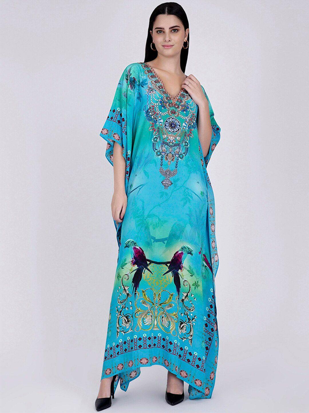 first resort by ramola bachchan blue floral print flutter sleeve crepe kaftan maxi dress