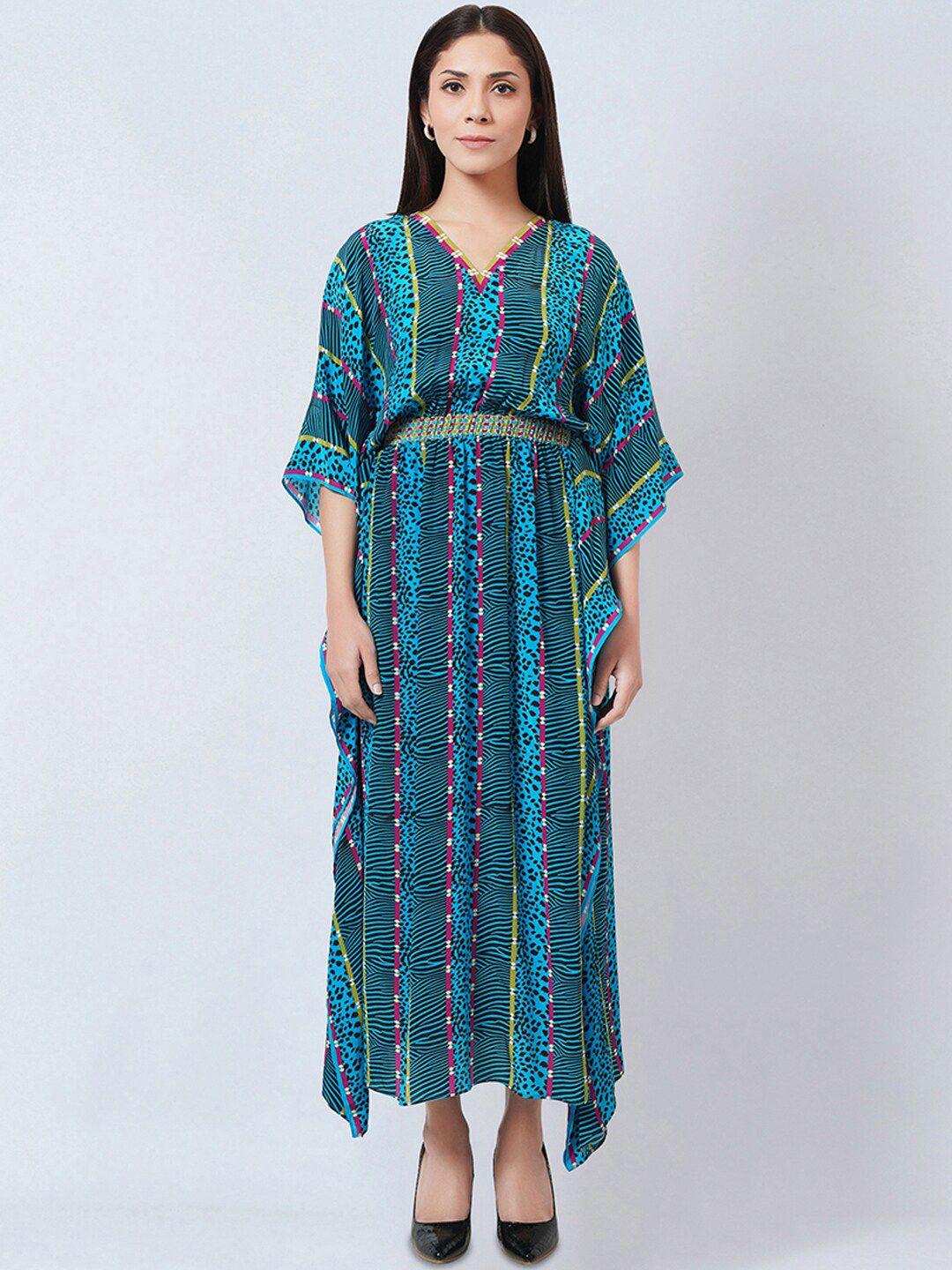 first resort by ramola bachchan blue print kimono sleeve crepe kaftan maxi dress