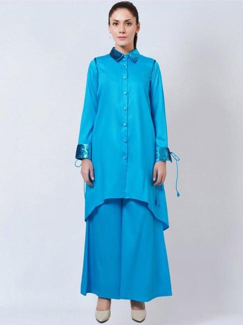first resort by ramola bachchan blue sequinned shirt dress with wide leg pants