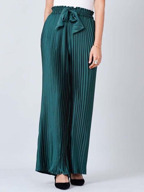first resort by ramola bachchan bottle green pleated palazzo