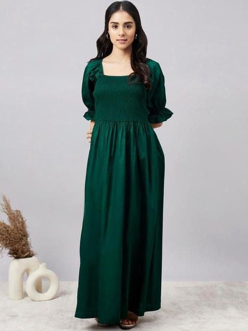 first resort by ramola bachchan bottle green smocked maxi dress