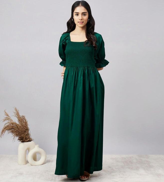 first resort by ramola bachchan bottle green smocked maxi dress