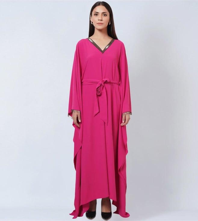 first resort by ramola bachchan bright pink embroidered neckline full length kaftan with belt