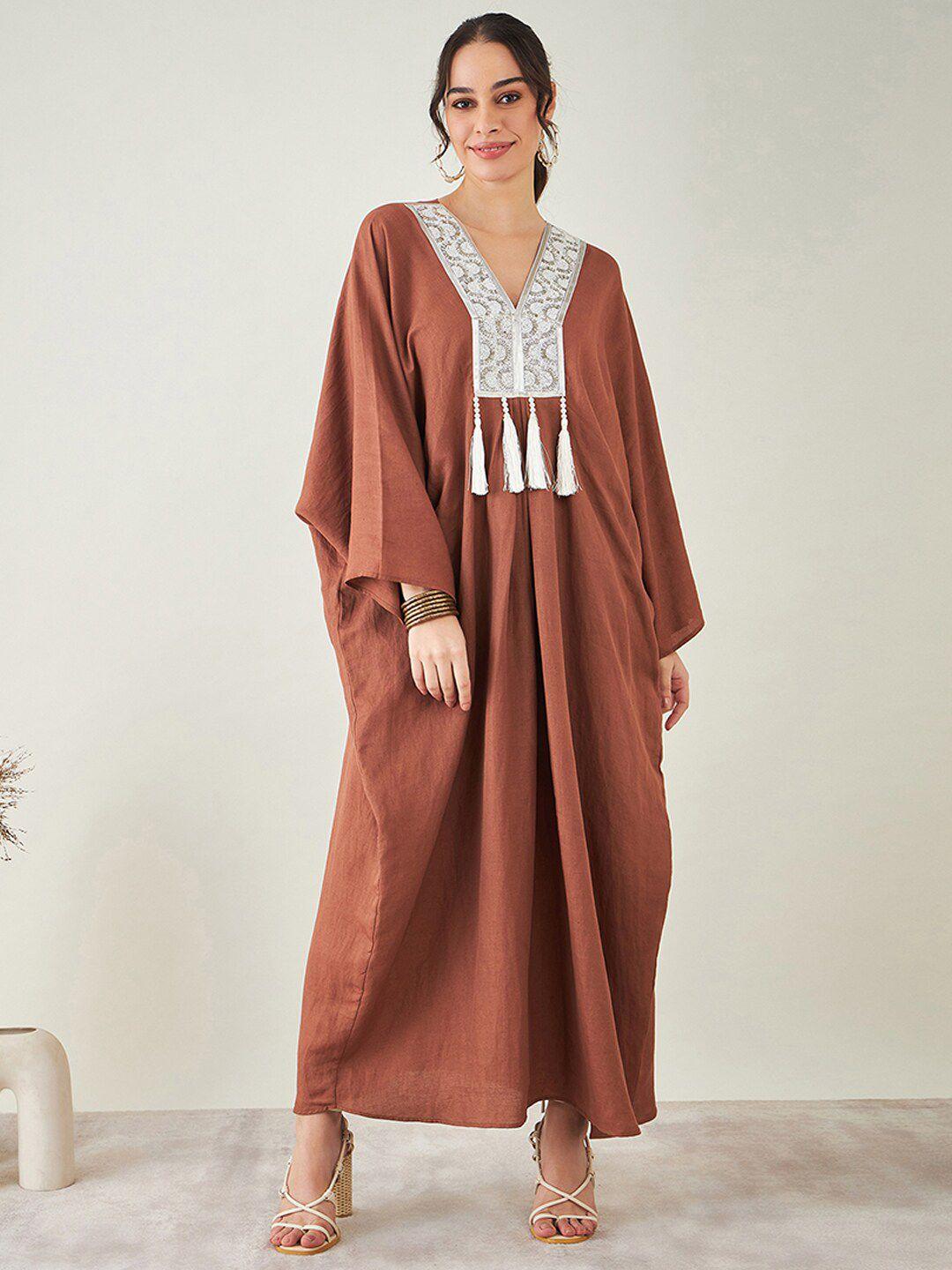 first resort by ramola bachchan brown & cream-coloured bohemian kimono sleeve linen fit & flare maxi dress