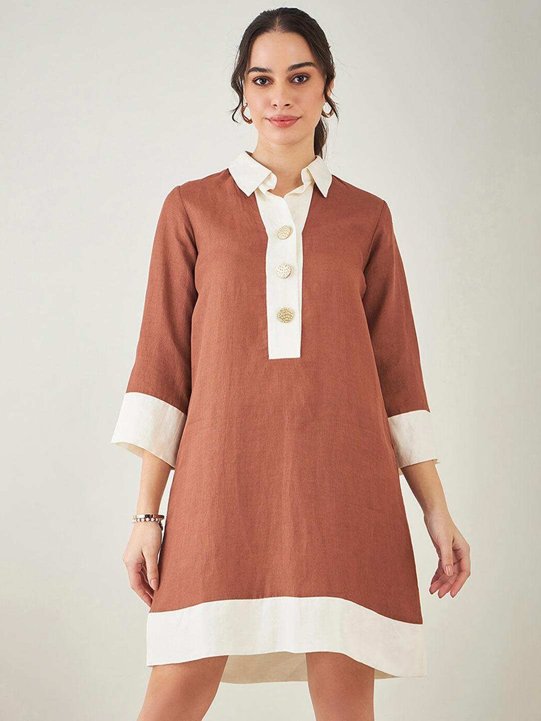 first resort by ramola bachchan brown & gold-toned colourblocked linen shirt dress