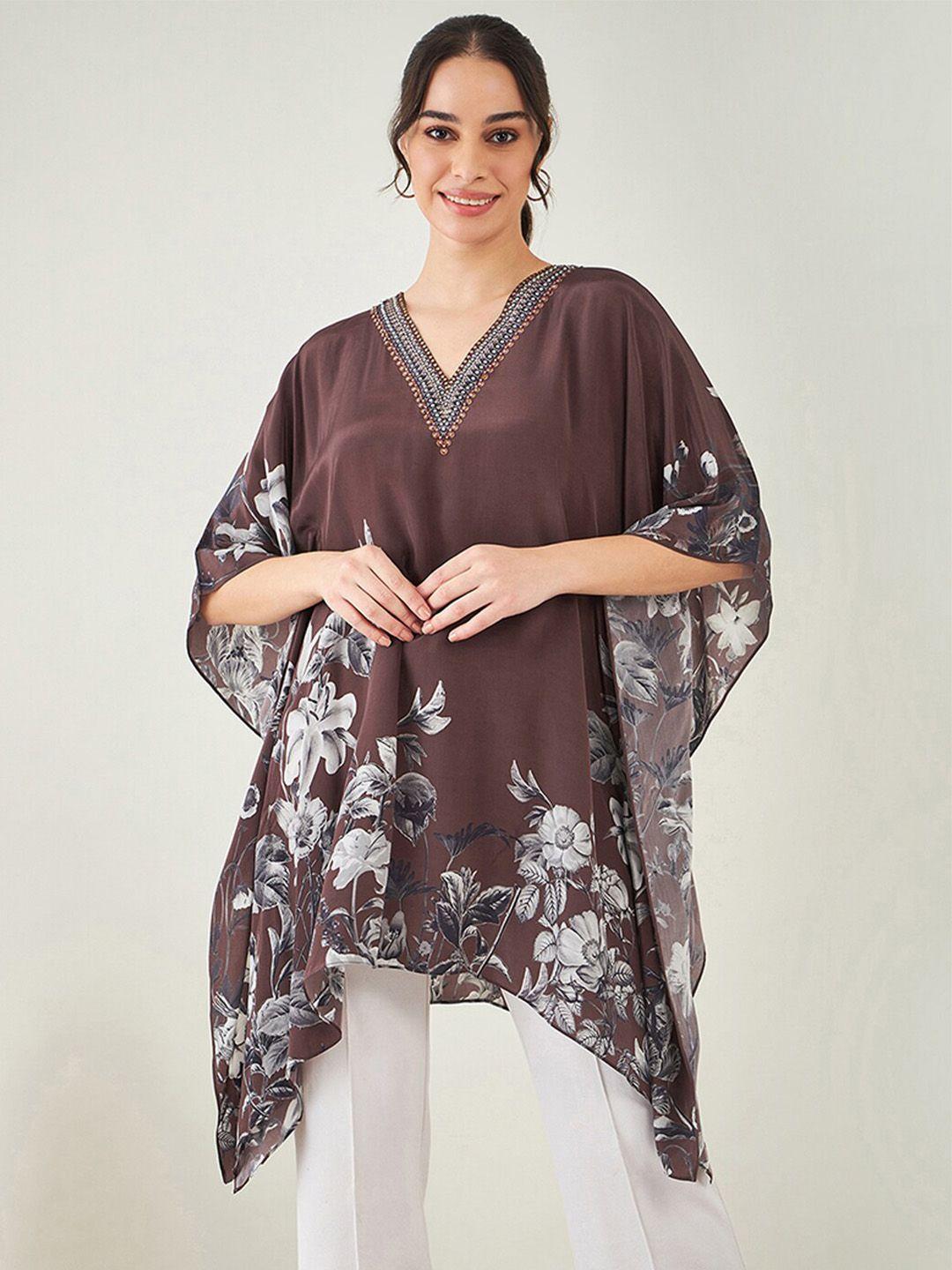 first resort by ramola bachchan brown & grey floral print kimono sleeve crepe kaftan dress