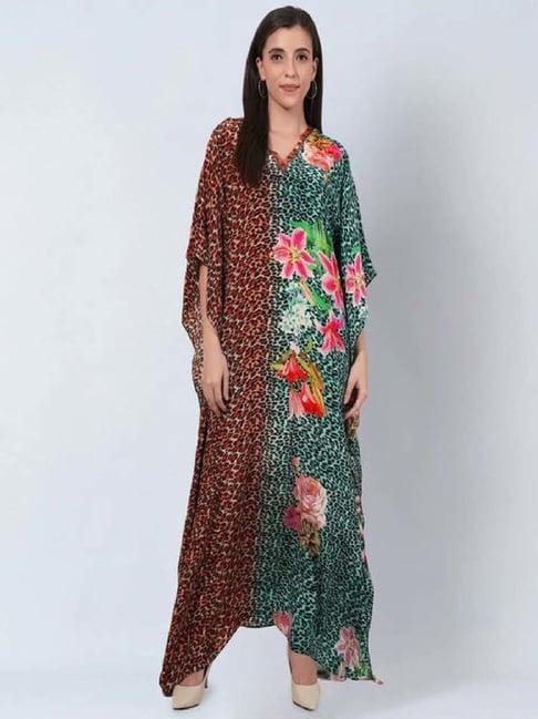 first resort by ramola bachchan brown & turquoise combination animal print full length kaftan