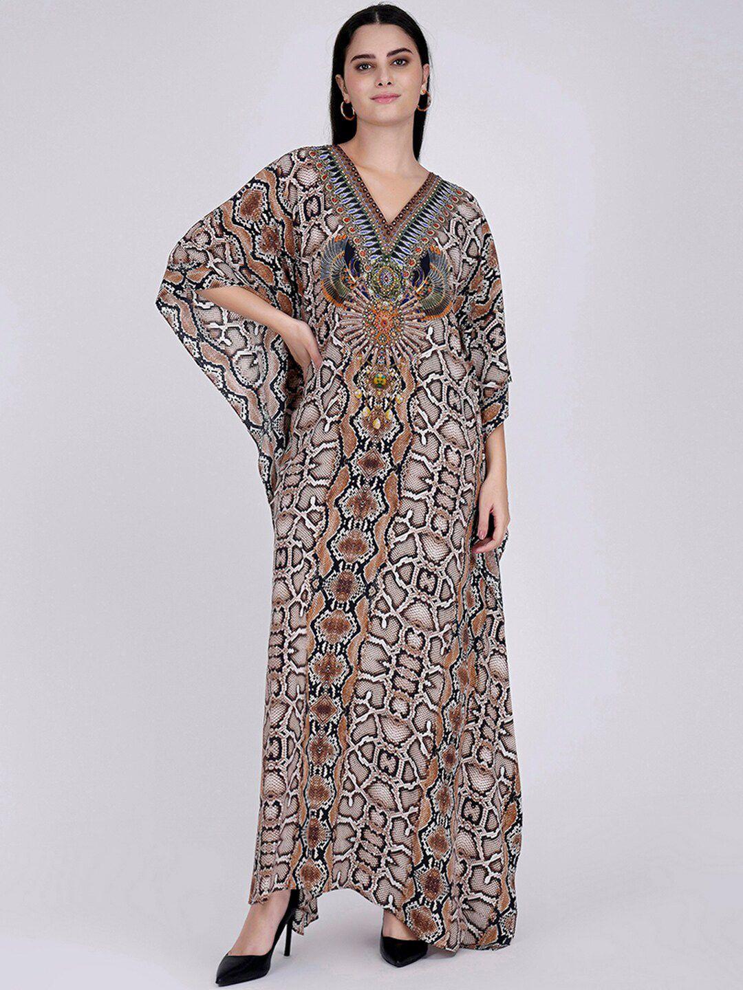 first resort by ramola bachchan brown animal print kimono sleeve crepe maxi dress