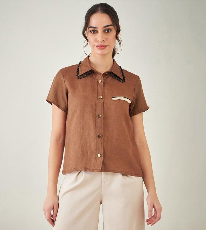 first resort by ramola bachchan brown linen shirt with lace detail