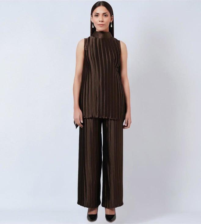 first resort by ramola bachchan brown sleeveless turtle neck box pleated top with box pleated palazzo