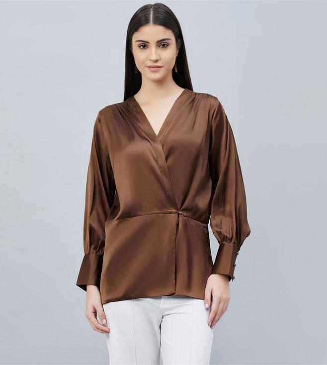 first resort by ramola bachchan brown wrap embellished satin shirt