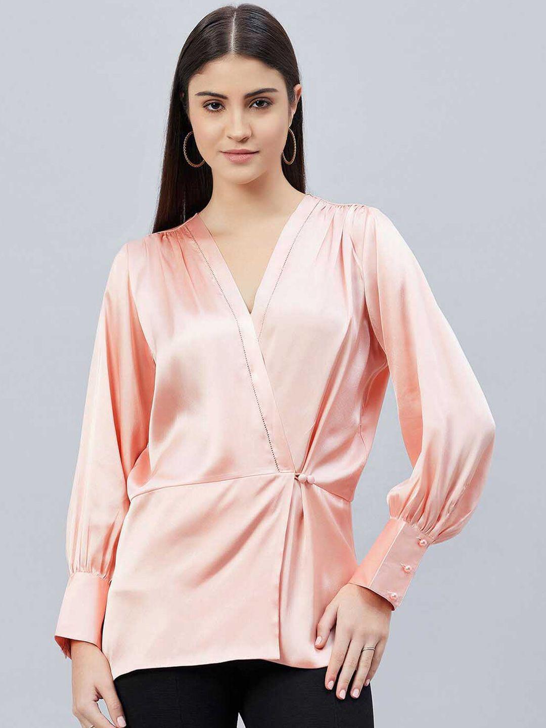 first resort by ramola bachchan classic v-neck gathered satin shirt style top