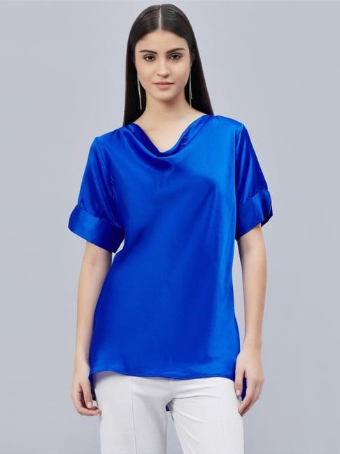 first resort by ramola bachchan cobalt blue cowl neck embellished satin shirt