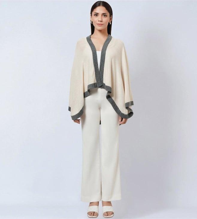 first resort by ramola bachchan cream & grey short knitted cashmere cape