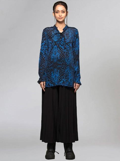 first resort by ramola bachchan dark blue animal printed lace-up top