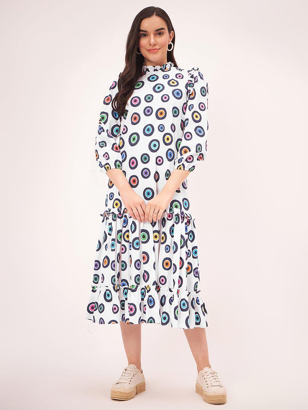 first resort by ramola bachchan ethnic motifs print puff sleeve ruffled a-line midi dress