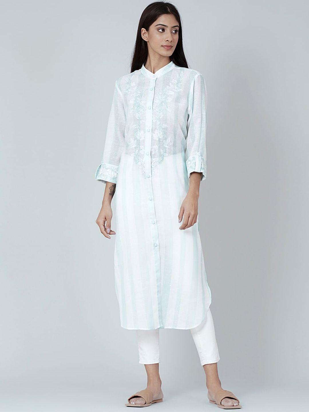 first resort by ramola bachchan floral embroidered roll-up sleeves linen kurta