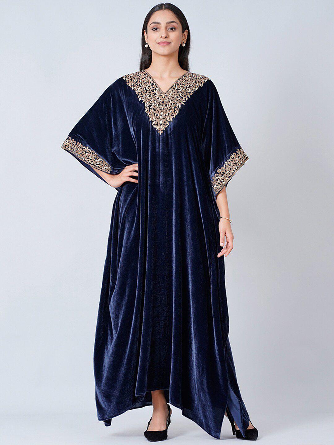 first resort by ramola bachchan floral embroidered v-neck silk velvet kaftan maxi dress