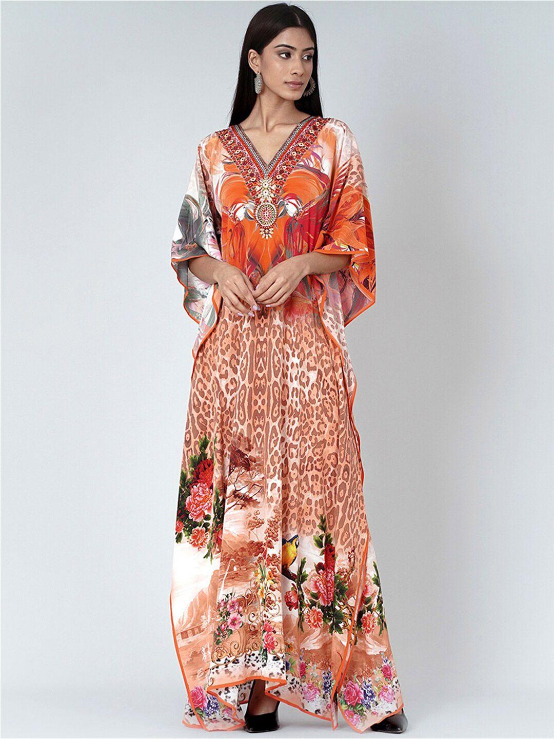 first resort by ramola bachchan floral printed v-neck kimono sleeve crepe kaftan dress