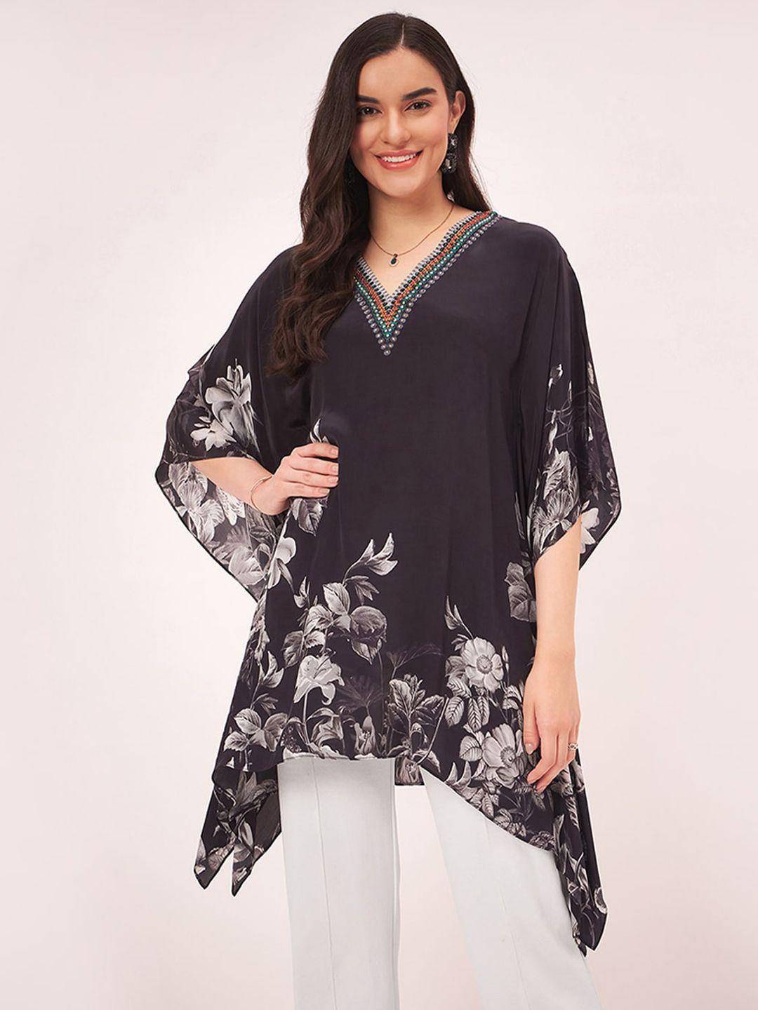 first resort by ramola bachchan floral printed v-neck kimono sleeve crepe kaftan top