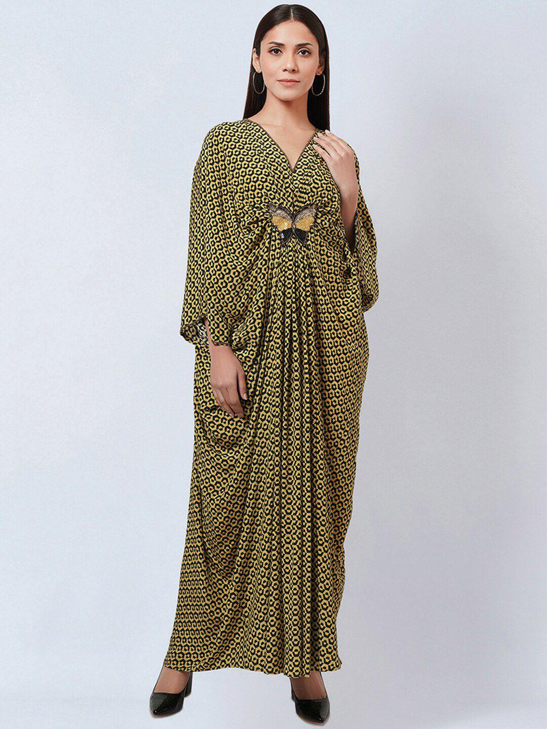 first resort by ramola bachchan geometric printed applique kaftan maxi dress