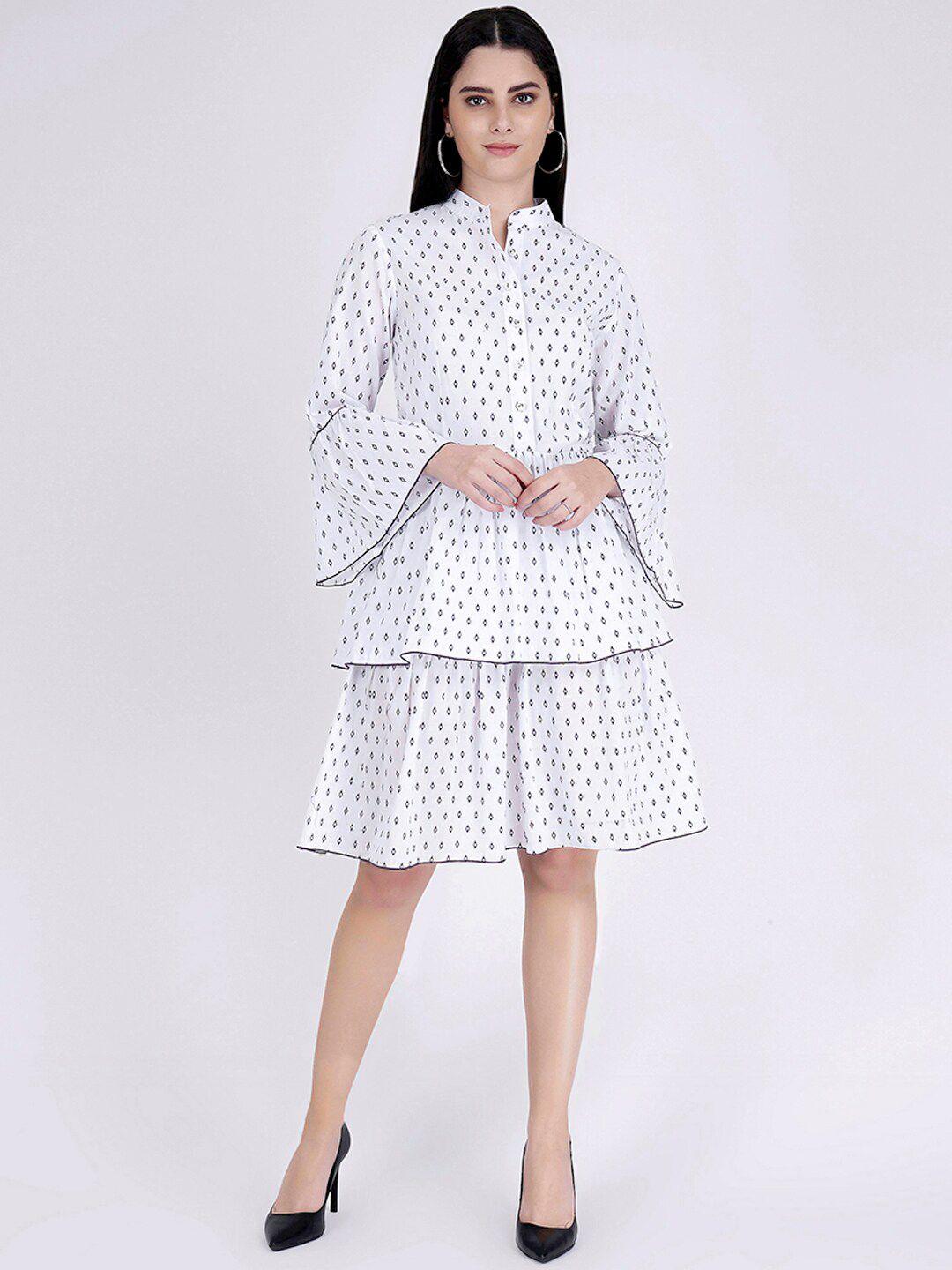 first resort by ramola bachchan geometric printed bell sleeves layered fit & flare dress