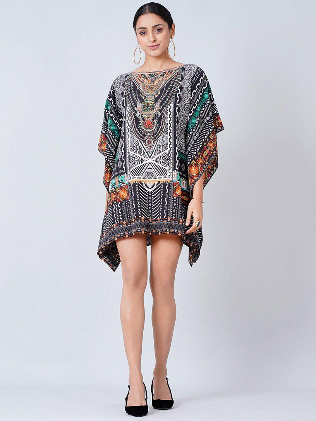 first resort by ramola bachchan geometric printed boat neck crepe mini kaftan dress