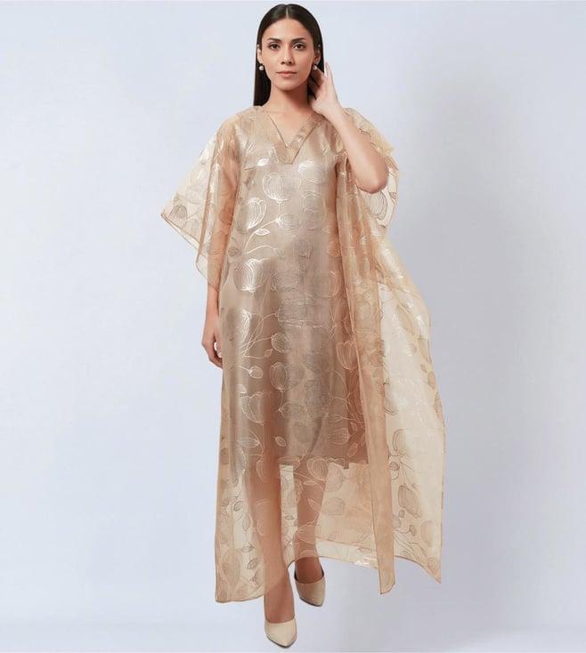 first resort by ramola bachchan gold floral embossed organza full length kaftan with satin slip