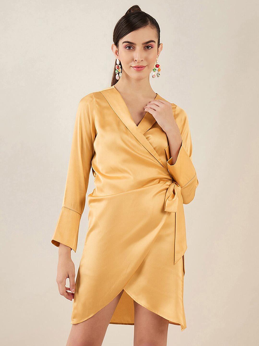 first resort by ramola bachchan gold-toned & gold-toned slit sleeve layered satin mini dress