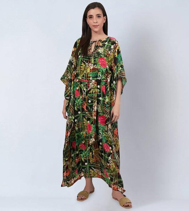 first resort by ramola bachchan green & black jungle print full length kaftan