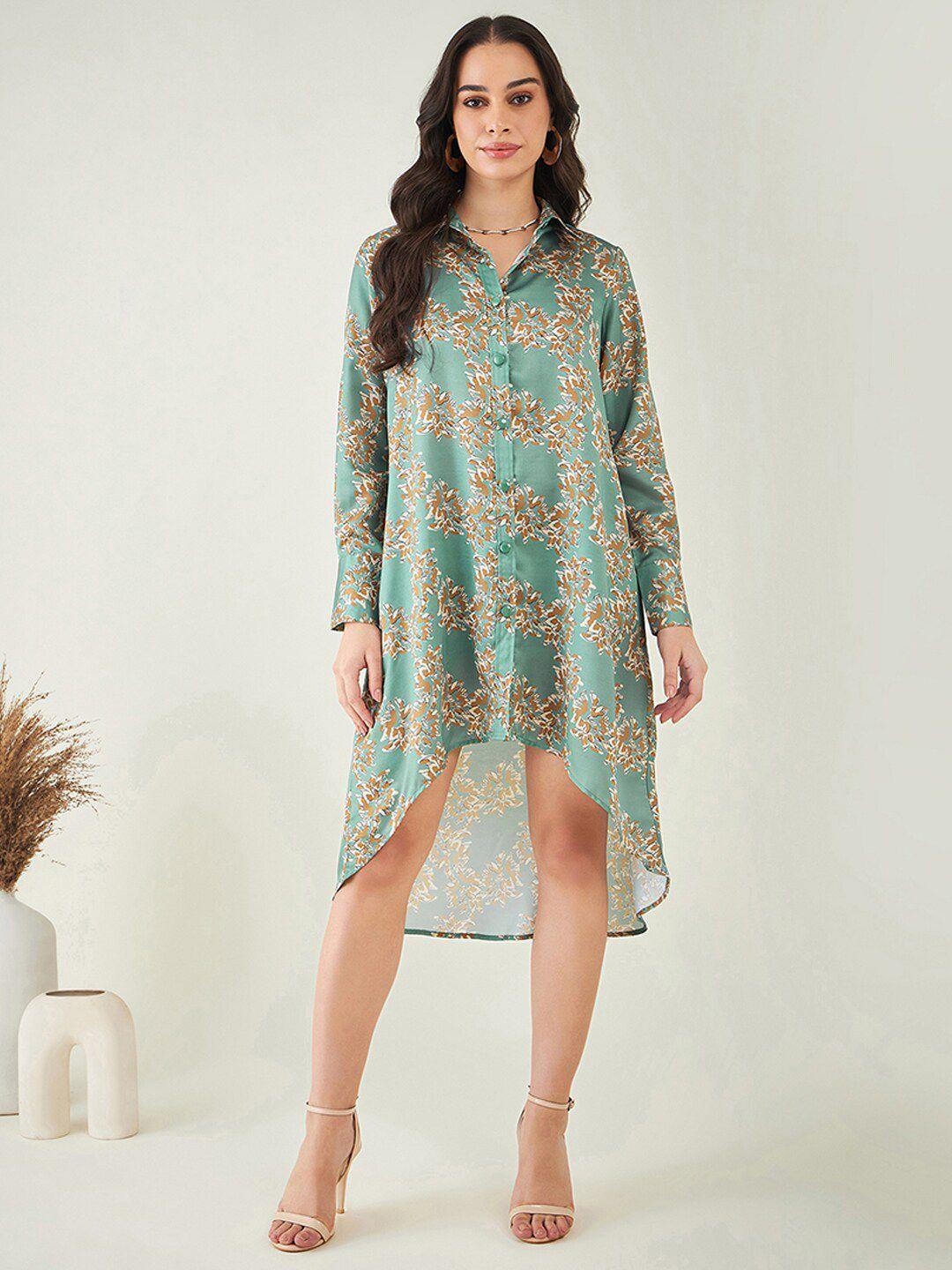 first resort by ramola bachchan green & brown floral print satin fit & flare dress