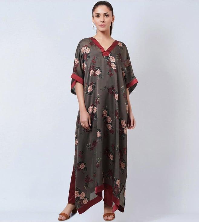 first resort by ramola bachchan green & maroon floral kaftan with satin straight pants