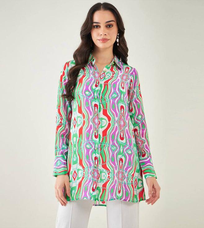 first resort by ramola bachchan green & orange marine wave print shirt