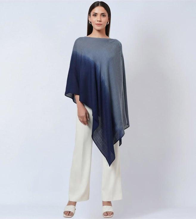 first resort by ramola bachchan grey & blue ombre asymmetrical embellished cashmere poncho