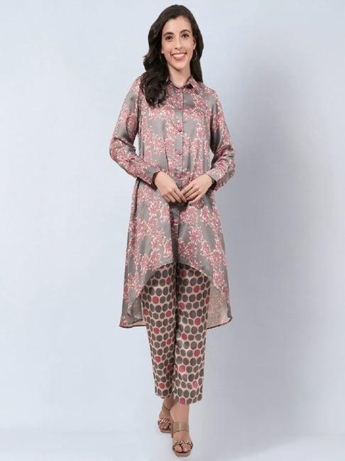 first resort by ramola bachchan grey & pink floral combination print kurta with pant