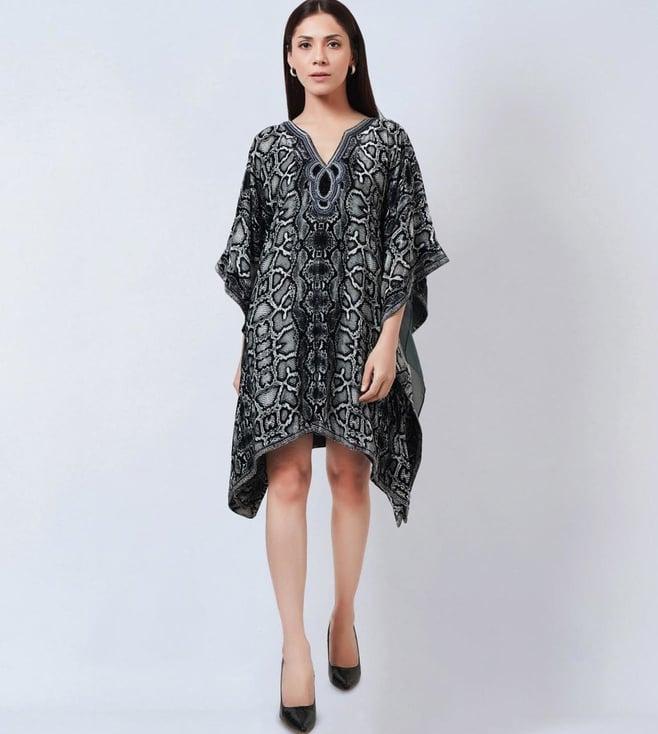 first resort by ramola bachchan grey embroidered animal print silk kaftan tunic