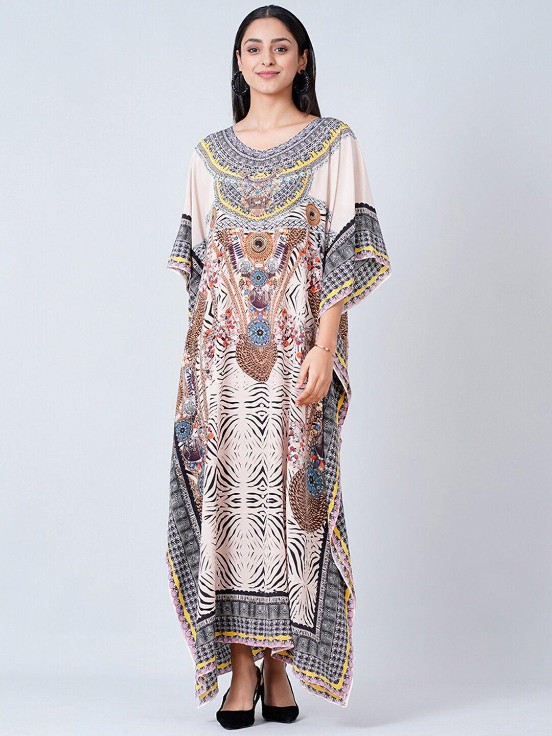 first resort by ramola bachchan grey ethnic motifs print slit sleeve crepe kaftan midi dress