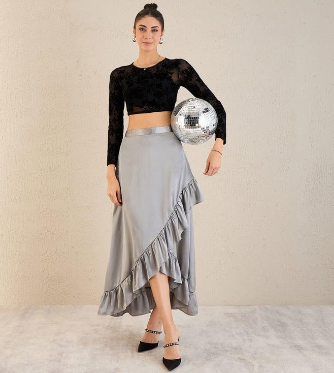 first resort by ramola bachchan grey satin frill long skirt