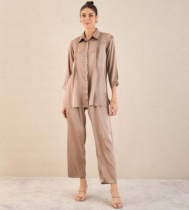 first resort by ramola bachchan hazel brown pintucked satin shirt and straight pants set